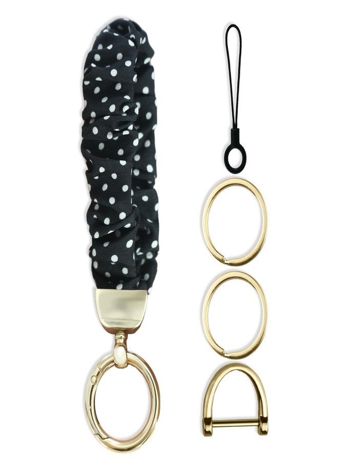Jusen Stretchy Scrunchie Keychain Wristlet,Cute Key Chain Wrist Lanyard Strap for Women Men Car Keys ID Badges Wallet (Black Polka Dots) - Image 1